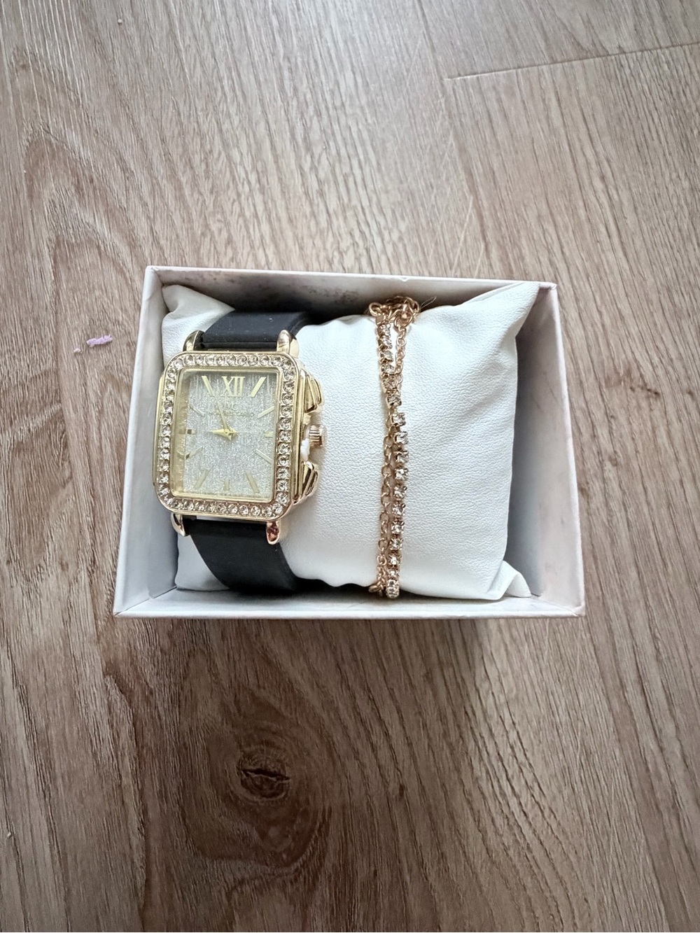 Gold-Tone Crystal Bezel Women's Watch with Black Strap